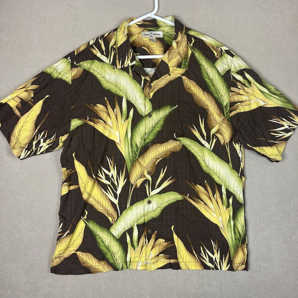 Tommy Bahama Shirt Mens XL Brown Green Silk Hawaiian Short Sleeve Preppy Adult
